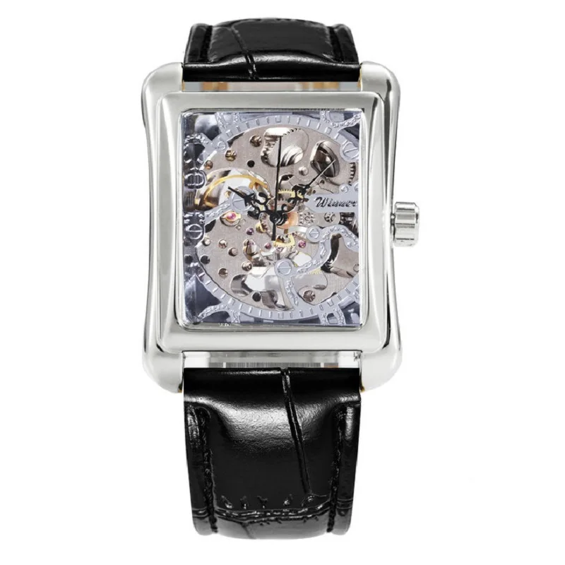 WINNER официальные спортивные часы люксовый бренд механические часы для мужчин Скелет циферблат кожаный ремешок унисекс наручные часы Reloj Hombre - Цвет: SILVER
