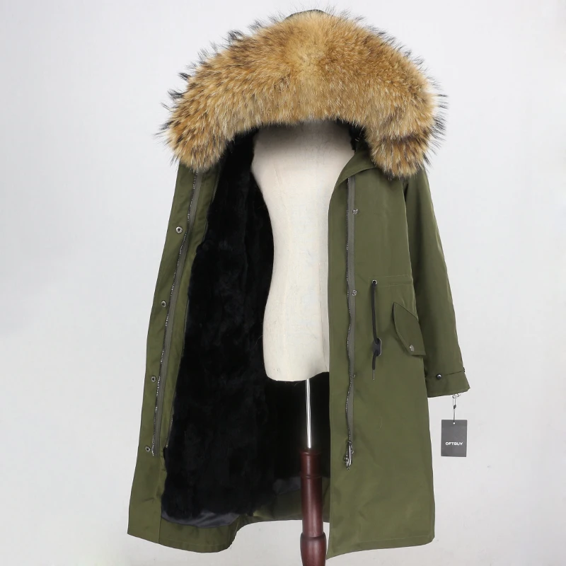 OFTBUY водонепроницаемая верхняя одежда X-long Parka зимняя куртка женская шуба из натурального меха енота капюшон Подкладка из натурального кроличьего меха - Цвет: green black natural