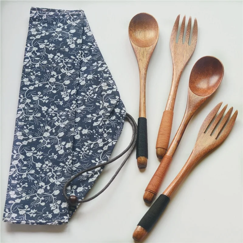 Japanese Korea Style Wooden Fork Spoon Twopiece Suit Travel Portable