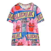 Летний Харадзюку стиль буквы губы цифровая печать свободные наборы женщин короткий рукав футболки женщин