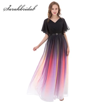 

Popular Multi-Color Long Evening Dresses Hot Sale Half Sleeve A Line Prom Dress Chiffon V Neck Lace Up Back Party Gowns OS412