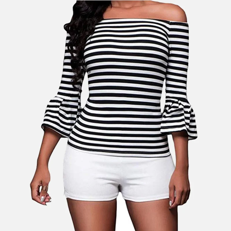 Off Shoulder Slash Neck Flared Striped Women's Shirts Long Sleeve Female Sexy Blouses 2019 Spring Summer Feminine Camisas Tops
