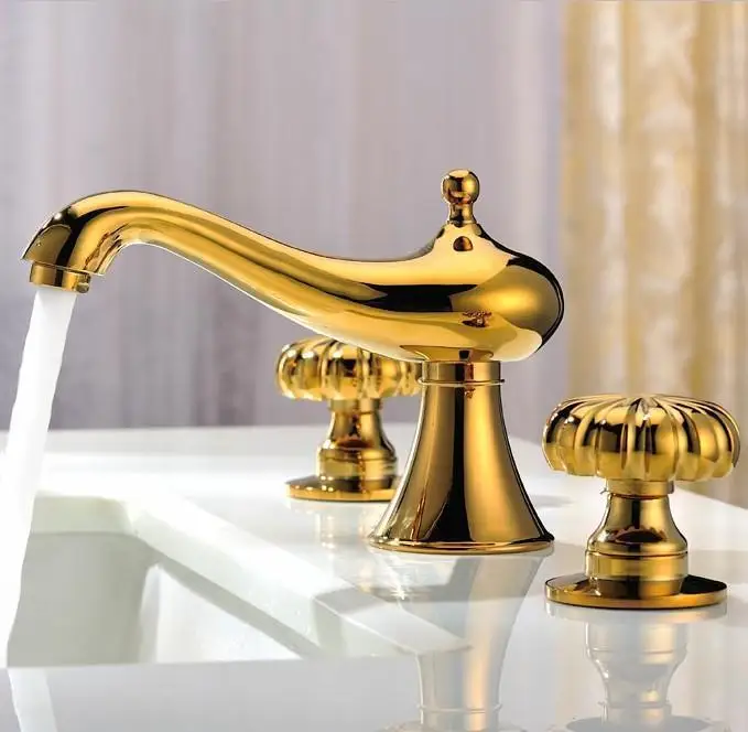 

Full three-hole basin faucet hot and cold copper and gold bathroom counter basin genuine European Hot sale free shipping