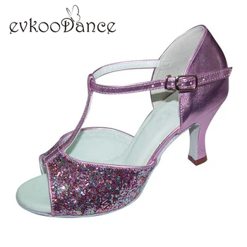 

Women Dance Shoes Free Shipping 2017 most popular PU glitter Meduim width 7cm heels T strips latin dance shoes for girls NL033