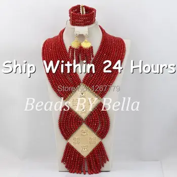

Luxury Red Crystal Beads Jewelry Set African Costume Necklace Set Wedding Jewelry Set For Brides Free Shipping ABC473