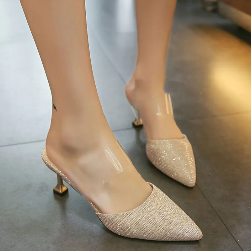

Shoes Slides Transparent Slippers Cover Toe Socofy Flock Thin Heels Heeled Mules Bling Bling Sliders Pointed Soft