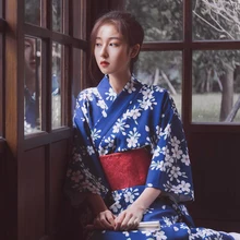 Blue Classic Ladies Kimono Print Flower Dress Gown Cosplay Costume Japanese Traditional Yukata With Obi Elegant Long Robe S M Blue Classic Ladies Kimono Print Flower Dress Gown Cosplay Costume Japanese Traditional Yukata With Obi Elegant Long Robe S M