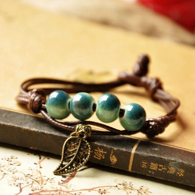 Fashion Ceramic Bracelets Vintage Colored Glaze Beads Leaf Fashion Ceramic Bracelets Vintage Colored Glaze Beads Leaf Charm Rope For Women Jewelry