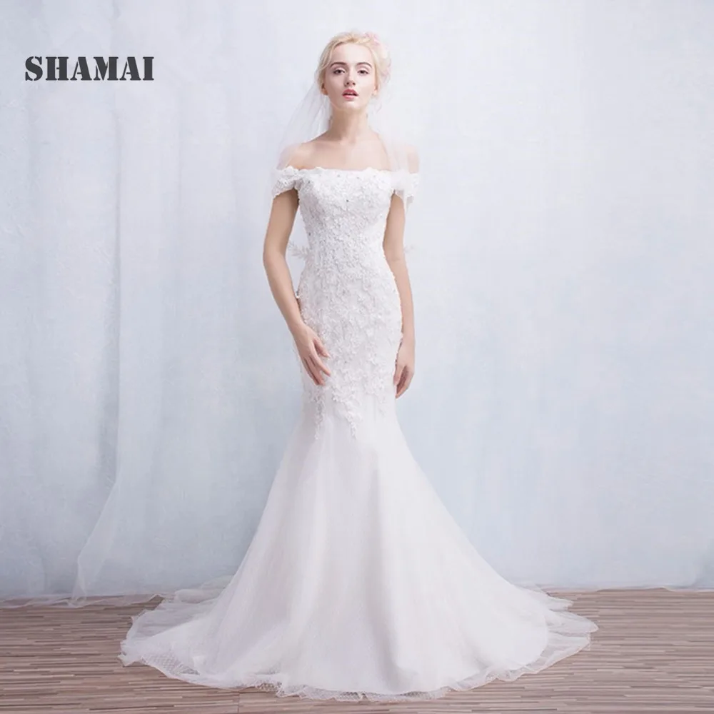 

SHAMAI Sexy Mermaid Wedding Dress Sweep Train Appliques Boat Neck Bridal Gown Real Sample Vestido De Noiva
