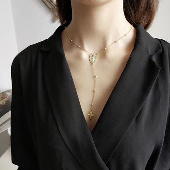 

Peri'sBox 925 Sterling Sliver Y Chokers Pendant Necklaces for Women Simple Mary Cross Choker Long Beaded Chain Layered Necklaces