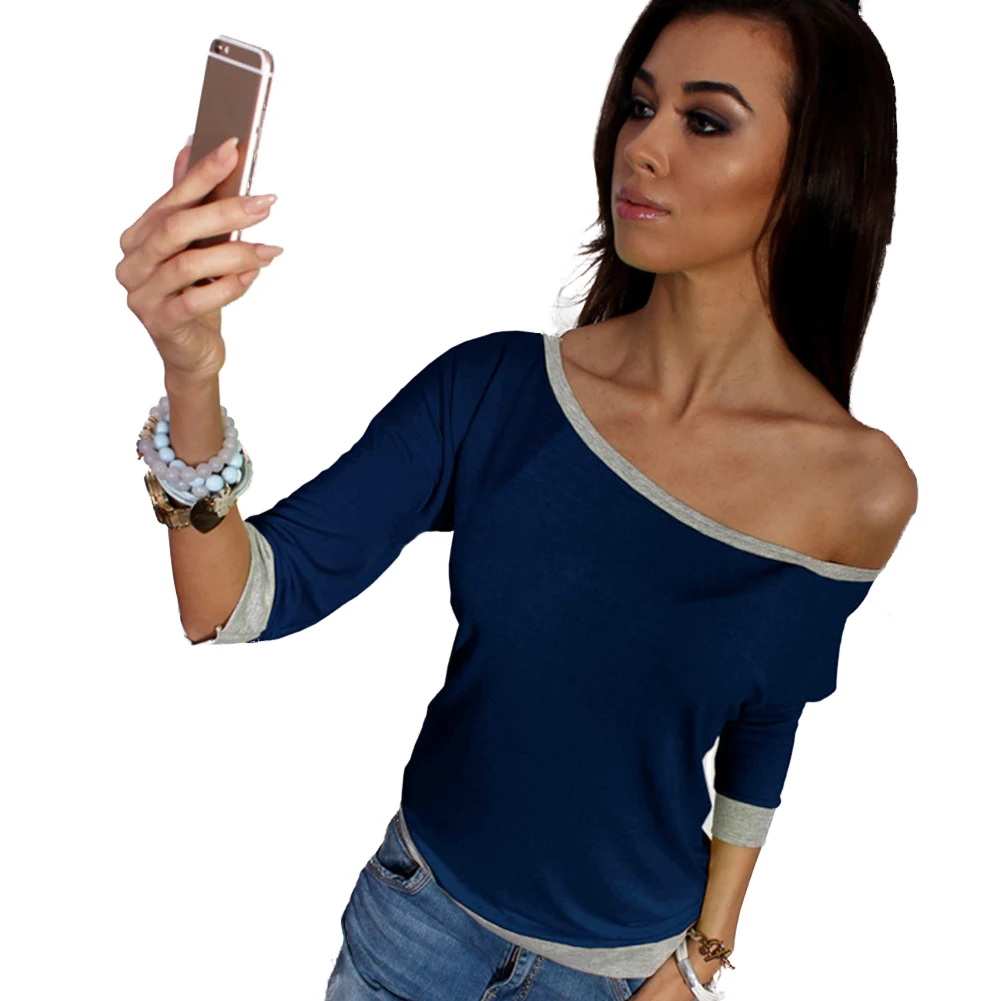 Sexy Women T shirt One Shoulder Off Shoulder Contrast Color 3/4 Sleeve