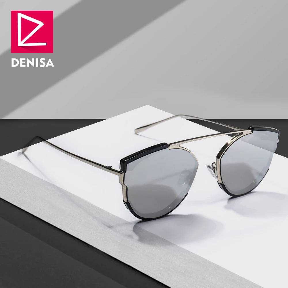 

DENISA Silver Mirror Sunglasses Ladies 2019 Trendy Retro Cat Eye Glasses Women's Travel Sun Glasses Girls UV400 oculos G31067