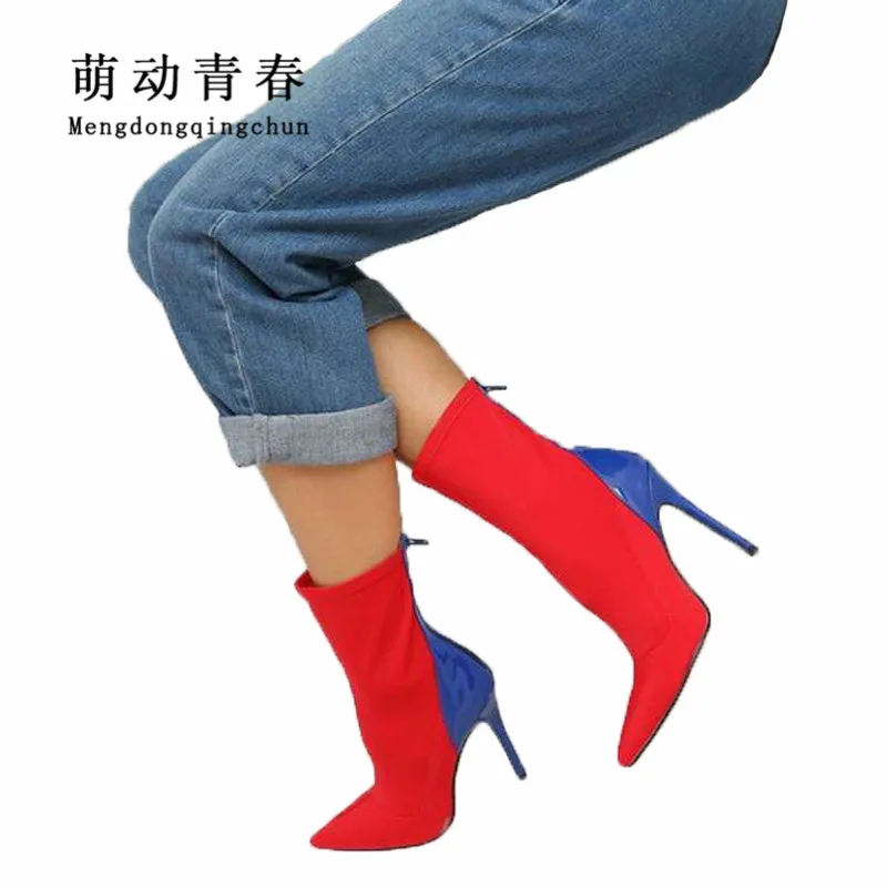 

Plus Size Women Mix Color High Heels Boots 2018 Fashion Pointed Toe Slip on Women Ankle Boots Autumn Winter Stretch Fabric Boots