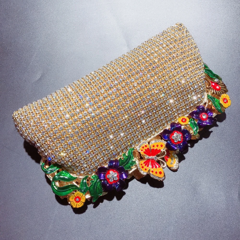 DAIWEI Новая мода Женская цветок/Кристаллы вечерняя сумочка сплав цветочный принт золотые бриллианты клатч сумочка для свадебной вечеринки
