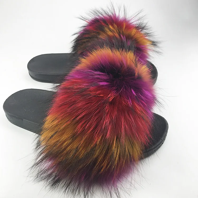 Wholesale Real Fox Slippers Kids Rainbow Neon Color Toldder Fur Child Home Slides Girls Raccoon Super Fluffy Cute Flat Summer