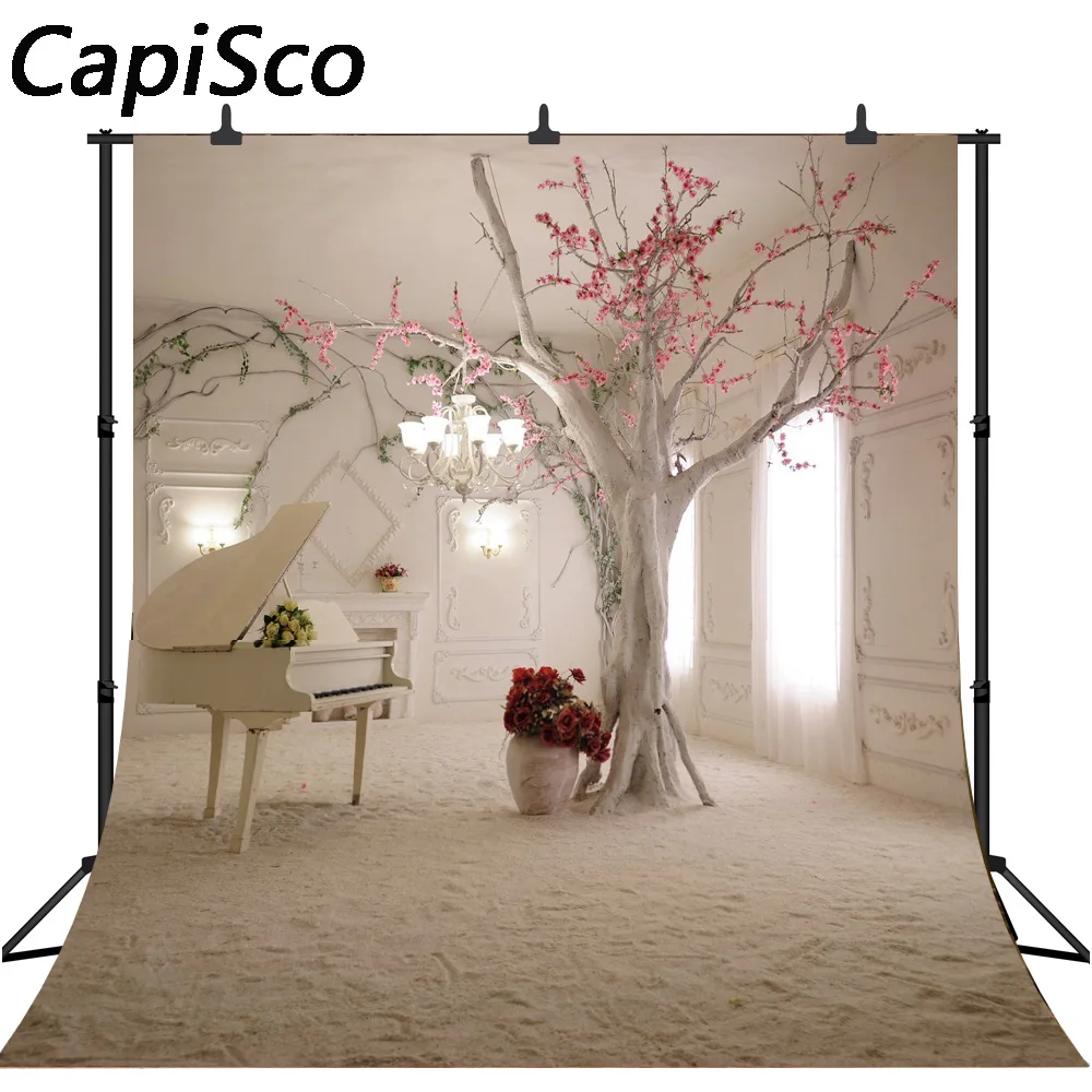 

Capisco Wedding Photography Backdrop Indoor White Piano And Long Curtain Backdrops Floral Wedding Romantic Background Photo