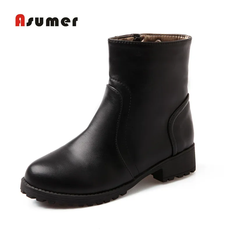 

Big size 34-43 new Autumn comfortable square heel round toe zip ankle boots fashion rivets solid black brown women boots