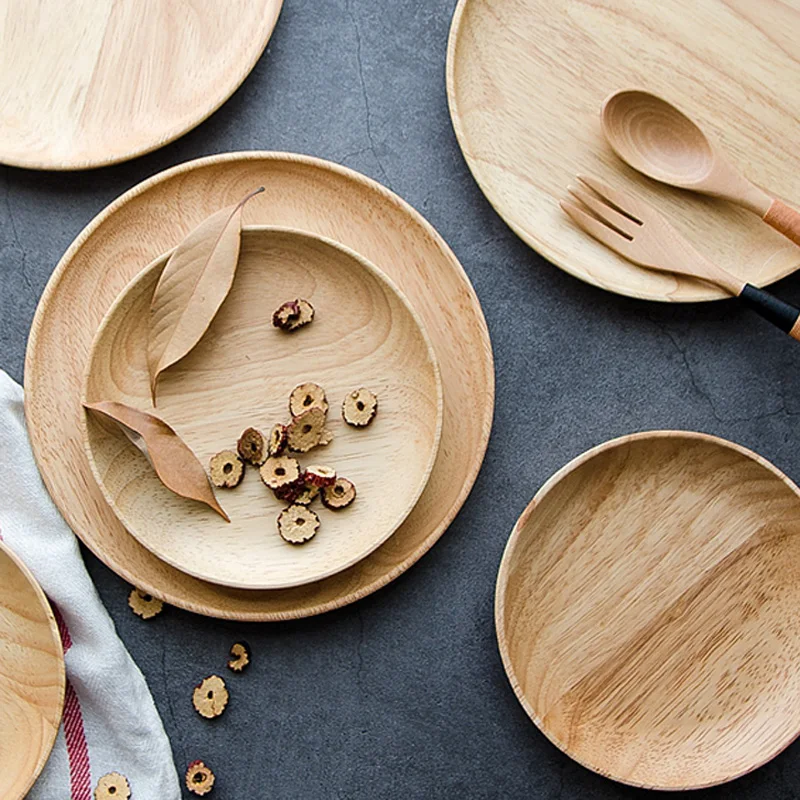 Round Wooden Plates Large Small Wood Serving Tray Tea Plate Wood Dessert Cake Dishes Salad Plate Wood Kitchen Utensils Tableware (3)