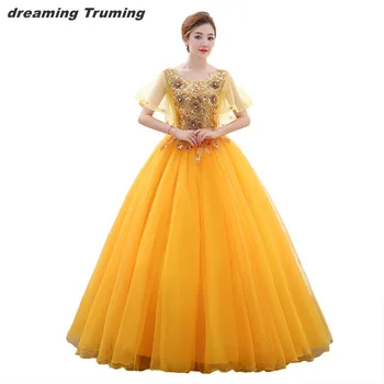 

vestidos de 15 anos quinceanera 2019 Yellow Royal Blue Tulle Embroidery Applique Illusion Half Sleeve Sweet 16 Dresses In Stock