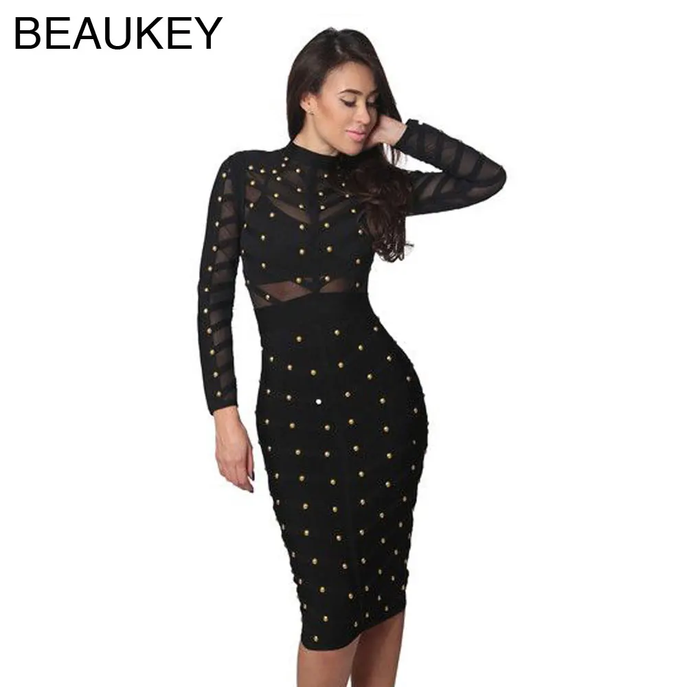 long sleeve studded bodycon dress