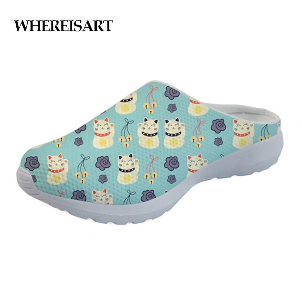 

WHEREISART Cute Lucky Cat Printed Slippers Woman Summer Beach Breathable Mesh Sandals for Ladies Flats Casual Slippers Women