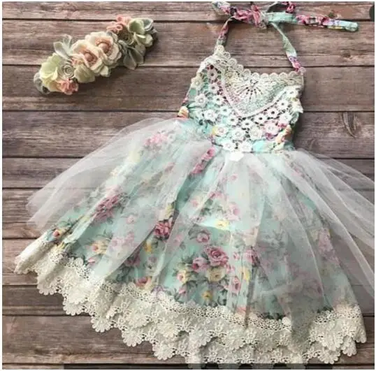 

Retail little toddler baby girls floral pattern cotton dress with tulle children lace hemming straps dress for kids 0-6Y