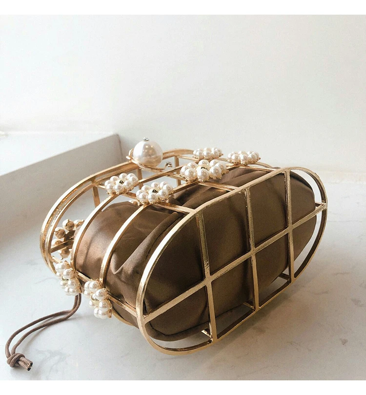 Pearl Flower Basket Evening Bag Women Summer New Elegant Korean Hollow Out Alloy Metallic Clutch Handbag Female Fashion