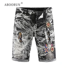 ABOORUN, мужские рваные джинсовые шорты, Ретро стиль, вышивка, снежинка, вымытые джинсовые шорты, летние брендовые шорты для мужчин, R590