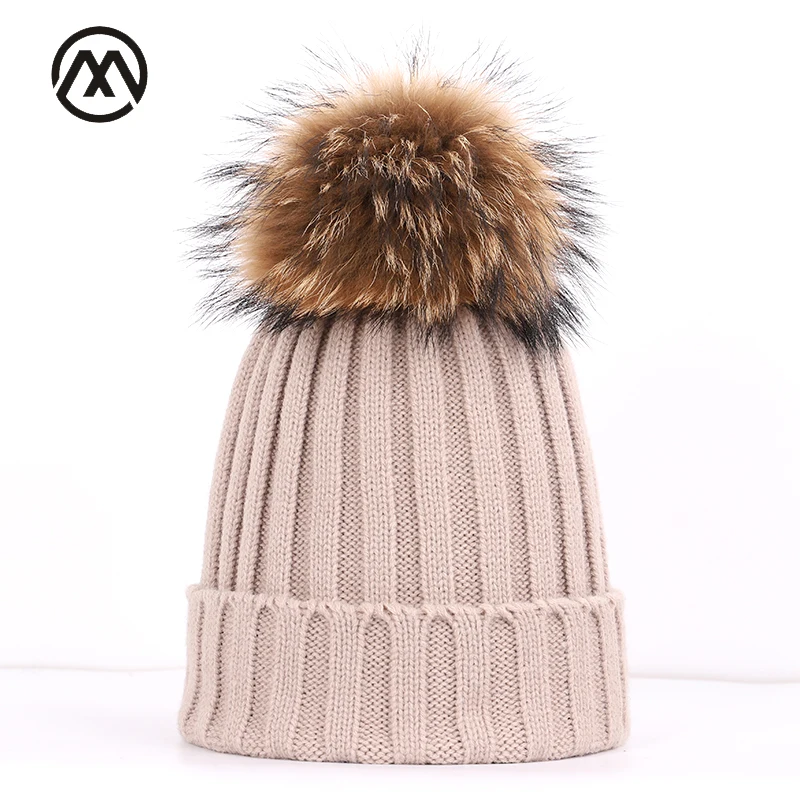 Осенне-зимние женские вязаные хлопковые шапки, теплые и удобные Свободные Толстые мужские и женские шапки с помпоном из меха енота