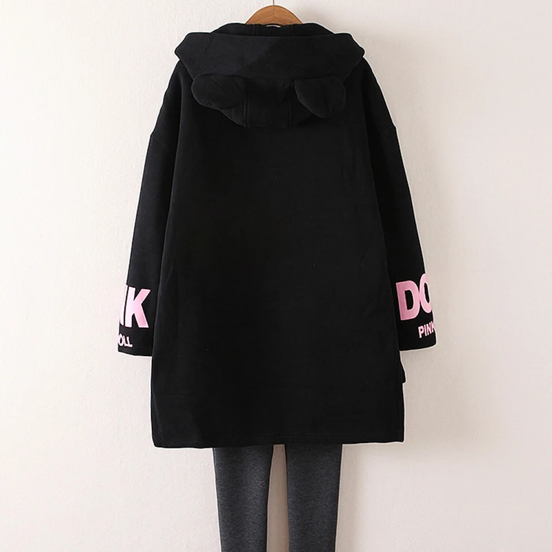  Autumn Winter Women Coat Loose Slim Mediun long section Hooded Zip-up Jacket Large size L-4XL Long 