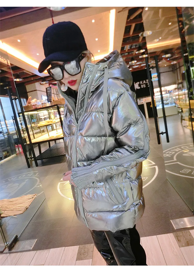 Женские теплые зимние пальто, модные блестящие пуховики с капюшоном, большие размеры, толстые парки, лазерные металлические серебристые куртки, уличная одежда