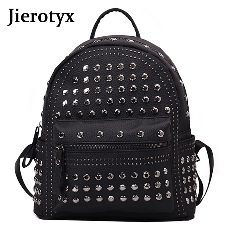 JIEROTYX New Arrival Preppy Leisure Backpack Womens Casual Daypacks Women Soild Zipper Rivet Shoulder Bags Soild Hot Sale