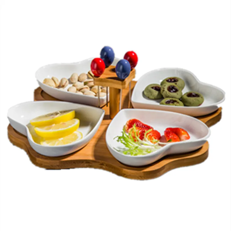 

Wooden Base Food Tray Lovely Ceramics Heart Shape Snack Plate Set Separate Dish with Fruit Stick Made Dish Dinnerware