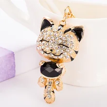 Lucky Smile Cat Crystal Rhinestone Keyrings Key Chains Holder Purse Bag For Car Gift Keychains Jewelry llaveros Fo-K016-black