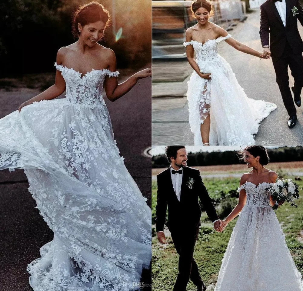 

2019 Beach Boho Wedding Dresses Off The Shoulder Lace 3D Floral Appliques A Line Sweep Train Cheap Bohemian Bridal Gowns