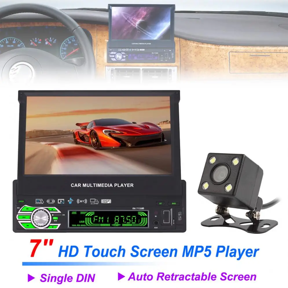 

7 '' 1 Din Bluetooth HD Touch Auto Retractable Screen Car Video Stereo Player Support Mirror Link / Aux In + Rear View Camera