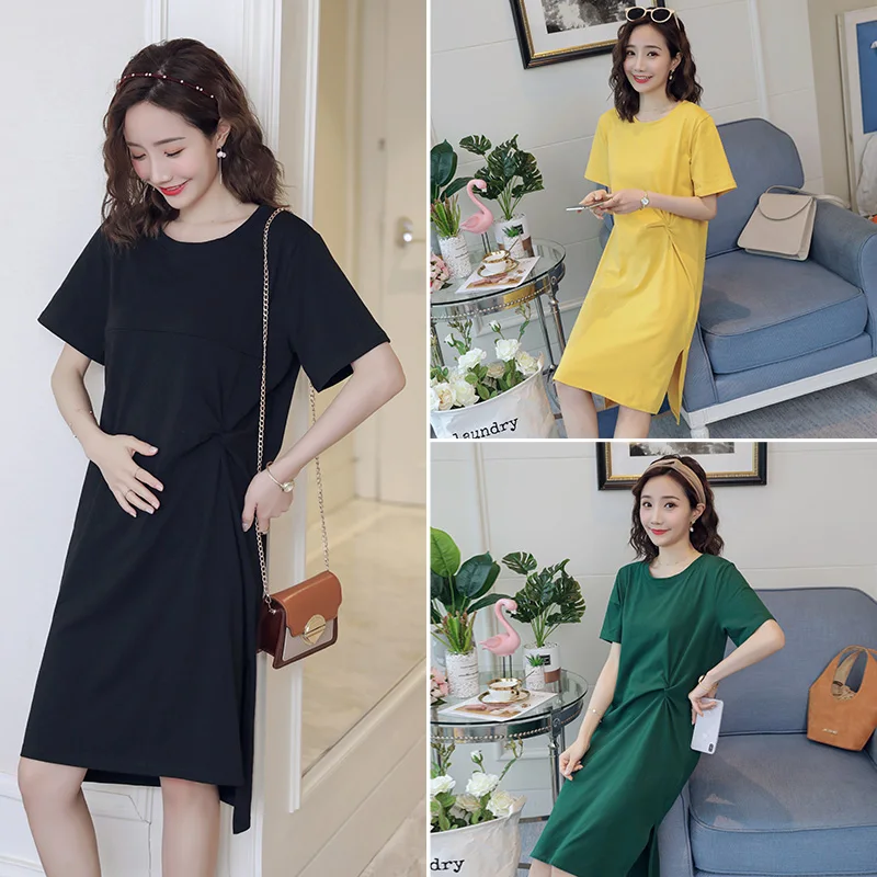

Summer Casual Solid Color Breast-feeding Pregnant Dress Short Sleeve Split Hem Maternity Dress Fashionable Loose Women Clothes