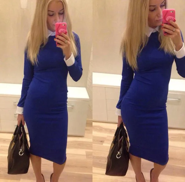 2015 new style AliExpress trade in Europe and America lapel long-sleeved knit lady hit color dress factory supply | Женская одежда