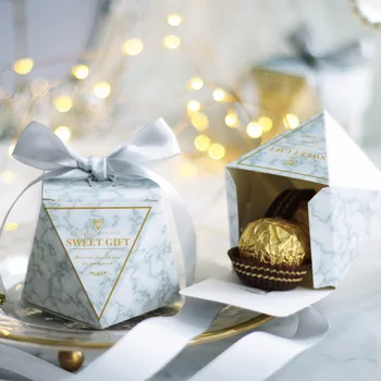 

100 X Charming Marble Pattern Stylish Diamond Shape Design Wedding Birthday Party Favor Candy Boxes With Ribbon