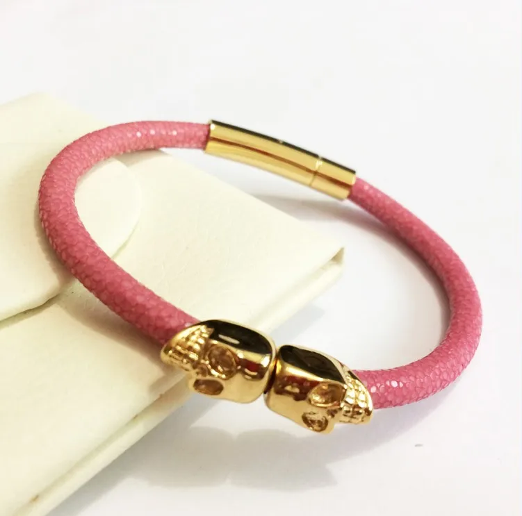 Northskull браслеты из нержавеющей стали с двумя черепами браслеты для мужчин и женщин браслет из натуральной кожи ската ювелирные изделия подарок - Окраска металла: pink gold