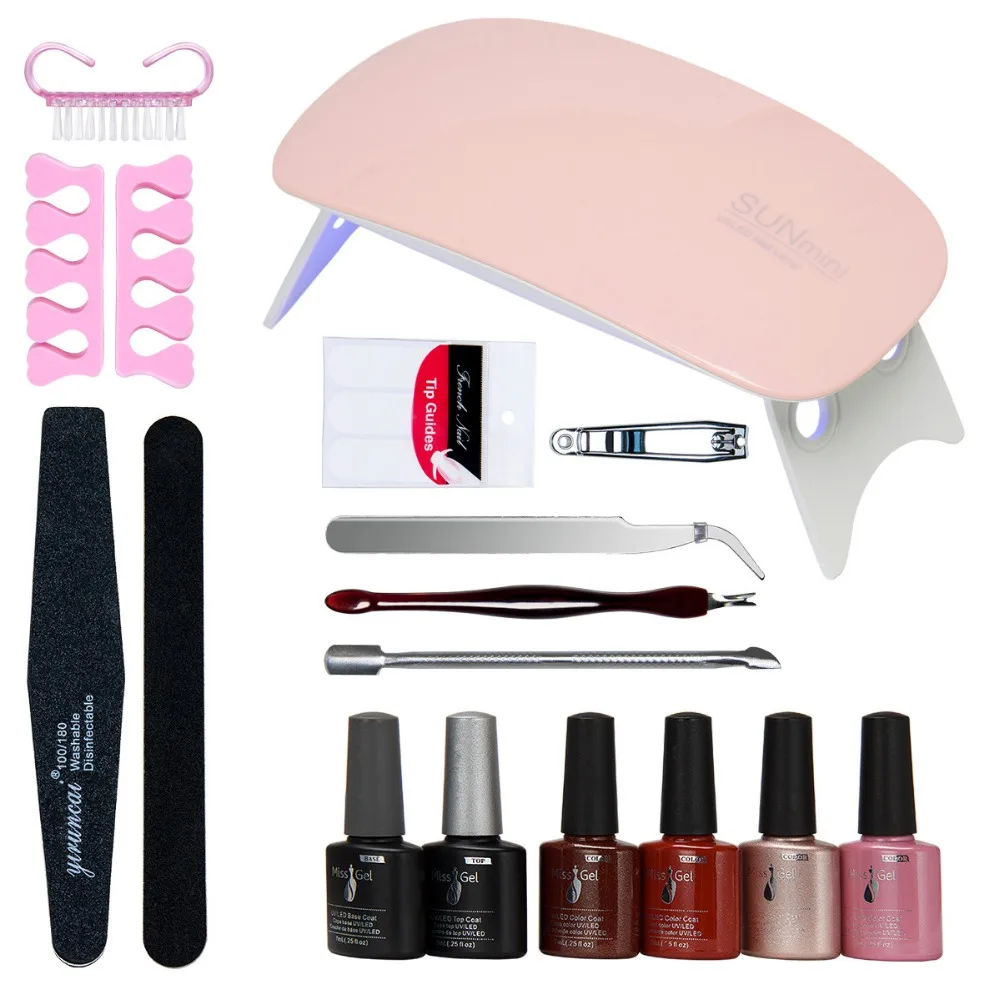 

Mini Folding USB 6W UV LED Gel Nail Lamp Dryer Kit Set for Home and Travel Use 45s,60s Time Setting Base&Top Coat+4 color gel