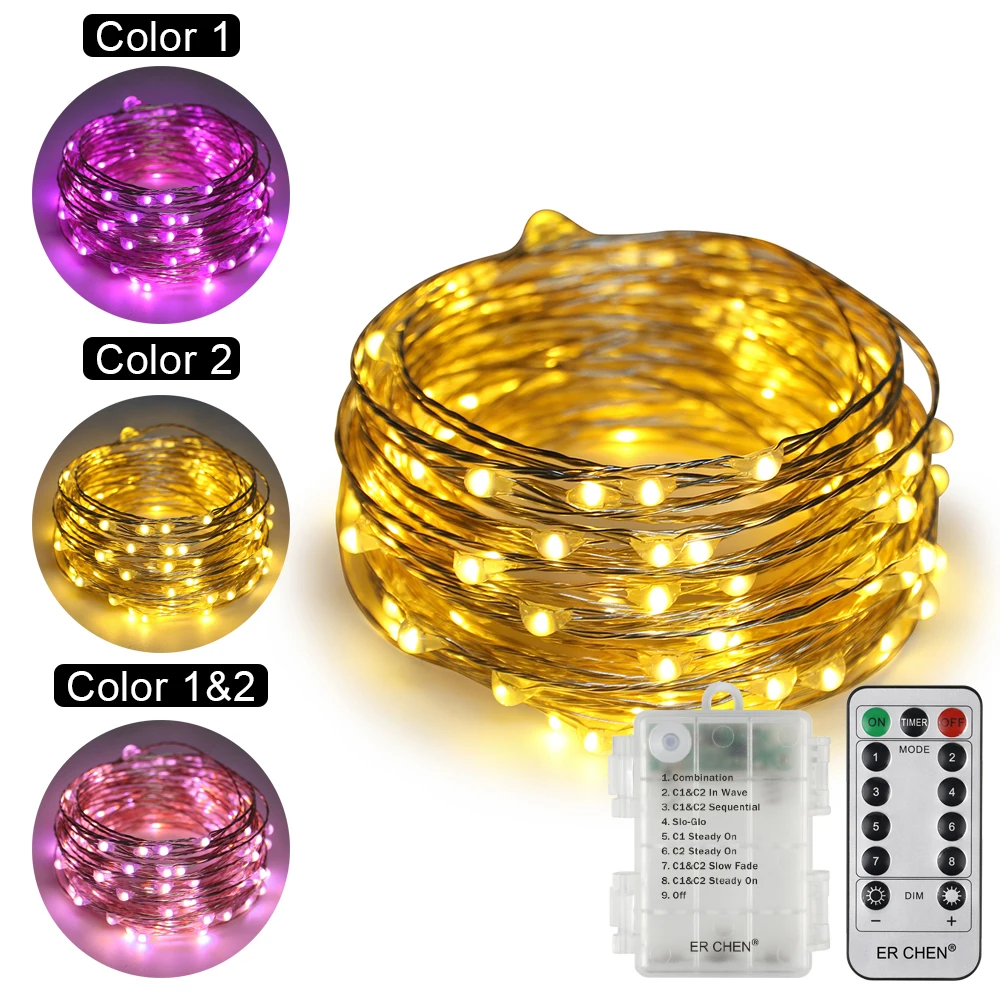 

Dual-Color Warm White& Purple Remote Control Battery 33/66 Ft 100/200 LED String Lights 8 Modes Dimmable Timed Xmas Fairy lights