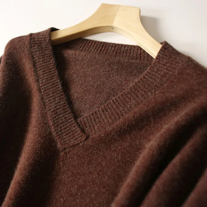 Cashmere Sweater Women 2018 New Autumn Winter Pure Cashmere Wool Fluffy V Neck Contrast Color Aysmmetrical Length Pullover Pulls