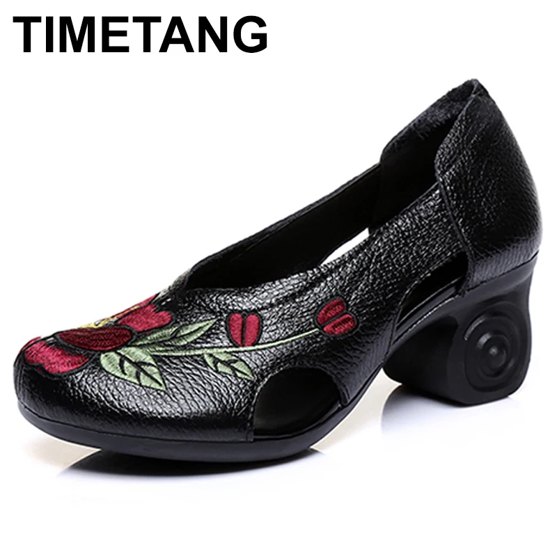 

TIMETANG Female National Wind Genuine Leather Embroidered Pumps 2018 Spring Women Vintage Floral High Heels Shoes Lady Zapatos