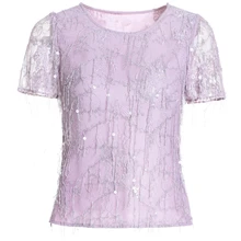 KENVY Брендовая женская модная Высококачественная Роскошная Летняя Повседневная фиолетовая Кружевная футболка с блестками Топ с коротким рукавом