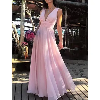 

Elegant Pink Long Chiffon Prom dresses Deep V neck Empire A Line Pleated Chiffon Lace Formal Party Gowns Vestidos De Fiesta
