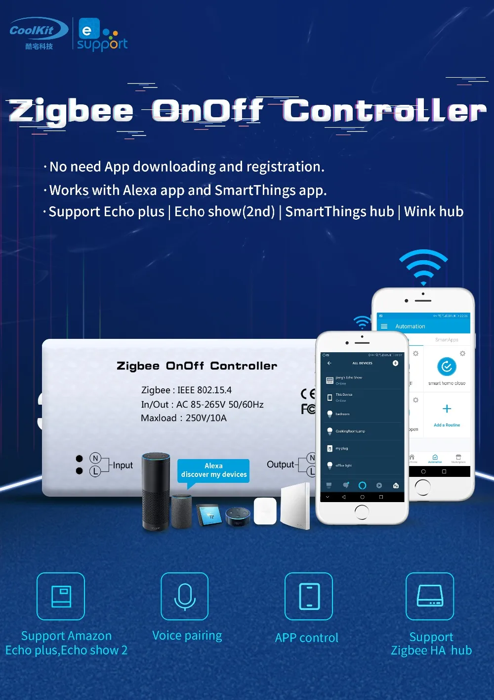 

Zigbee Smart Light Switch On/off controller Support Amazon Echo plu, Encho Show2 and SmarThings Hub/Wink Hub/Zigbee HA Hub