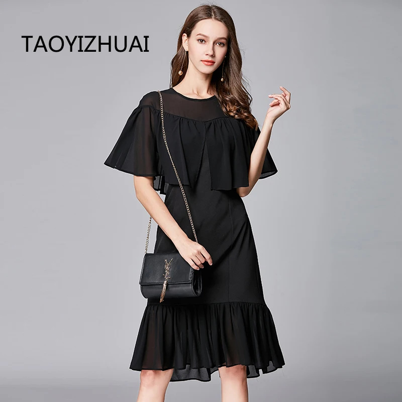 

TAOYIZHUAI Summer black color plus size Sleeve O Neck bud Half Knee Length Natural Solid Casual style women's dress 11546