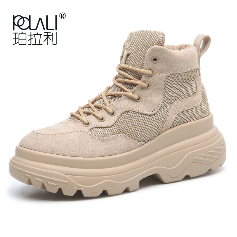 

POLALI 9 Spring Suede Ankle Boots Women Thick Sole Platform Boots Breathable Combat Boots High Top Sneakers Botas Mujer