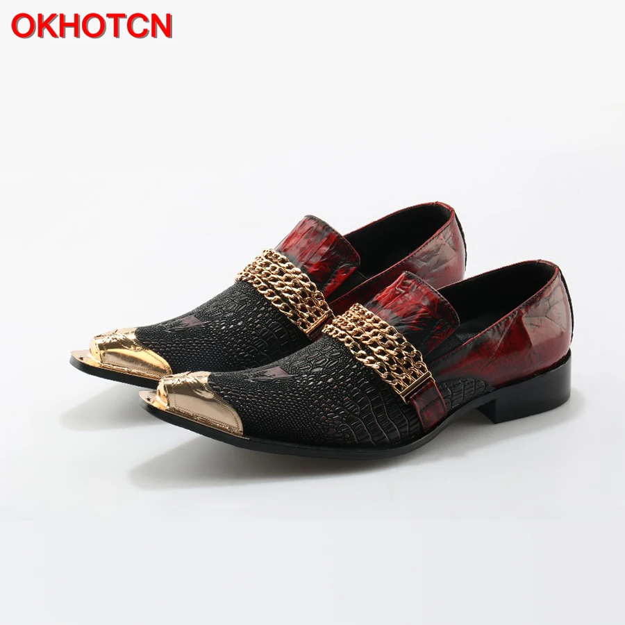 Handmade Alligator Leather Metal Toe Men Shoes With Gold Chain Buckle